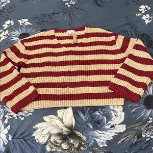 NWT - J. Crew Montauk V Neck Pullover Sweater in Stripe Maroon Tan Size Large